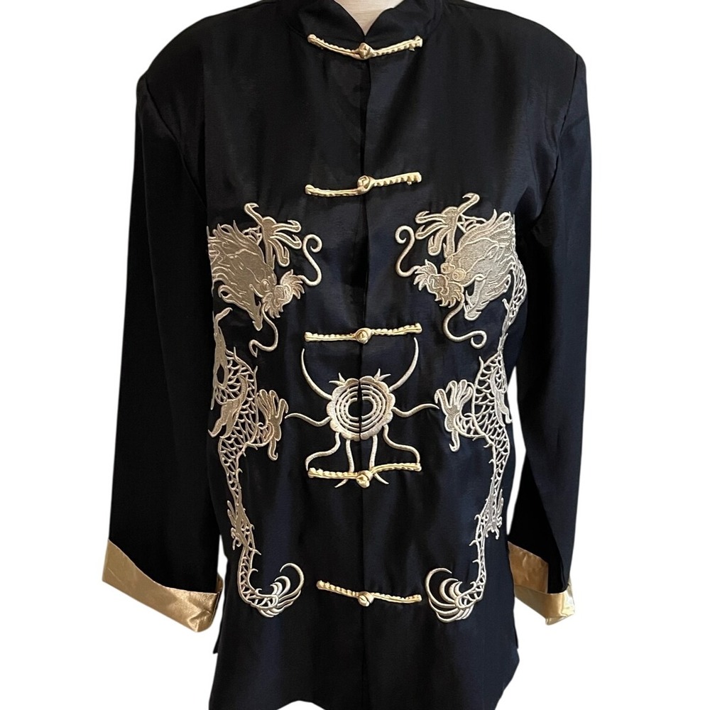 Dragon Embroidered Mandarin Collar Jacket Asian Style Black Gold Trim - Picture 2 of 12